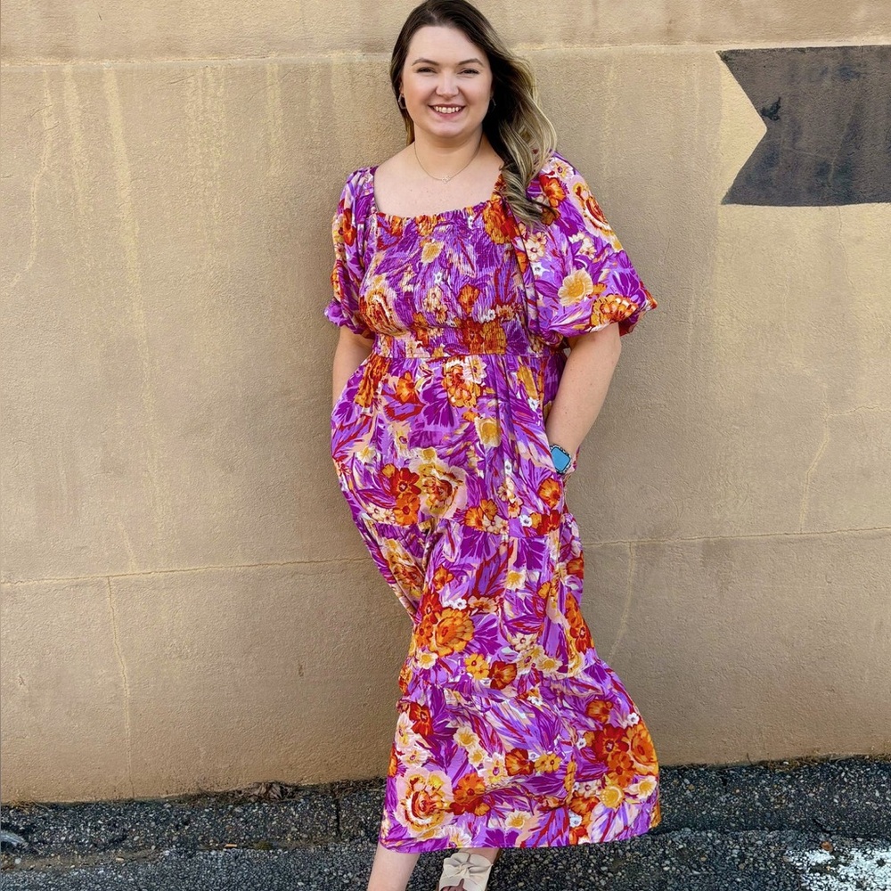 Vibrant Floral Maxi Dress in Purple and Orange